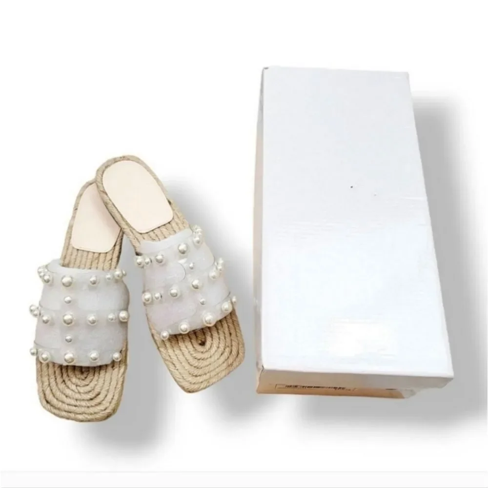 NEW Pearl Transparent Strappy Slip On Square Toe Jute Rope Sandal Size 36/6